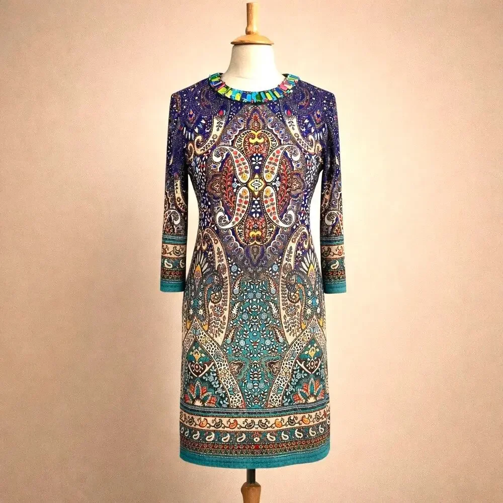 Boho Paisley Beaded Neck Cocktail Sheath Dress Teal Multi Size 10